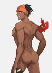 Rule 34 | 1boy, aqua eyes, ass, dark-skinned male, dark skin, earrings, fangs, from behind, gen 4 pokemon, headband, highres, jewelry, looking at viewer, looking back, male focus, muscular, nintendo, nude, orange headwear, poke ball, pokemon, pokemon (creature), pokemon swsh, raihan (pokemon), rotom, rotom phone, solo, standing, sweat, tagme, tengo (maotengo), ultra ball