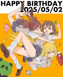 3girls :d artist_name bag blonde_hair breasts brown_hair brown_shoes brown_vest collared_shirt commentary_request full_body grimace hair_ribbon hands_up happy_birthday heart highres holding holding_bag kneehighs large_breasts long_hair loose_socks medium_hair miniskirt misaka_mikoto multiple_girls open_mouth red_bag red_ribbon ribbon school_uniform shirai_kuroko shirt shoes shokuhou_misaki skirt smile socks star-shaped_pupils star_(symbol) symbol-shaped_pupils teruya_(6w6y) thighhighs toaru_kagaku_no_railgun toaru_majutsu_no_index tokiwadai_school_uniform twintails very_long_hair vest white_shirt white_socks white_thighhighs