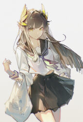 1girl alternate_costume arknights bag black_skirt blue_neckerchief brown_hair cowboy_shot grey_background hair_ornament highres holding holding_bag long_sleeves looking_at_viewer muelsyse_(arknights) neckerchief openvl pleated_skirt pointy_ears school_uniform serafuku shirt simple_background skirt smile solo white_shirt yellow_eyes