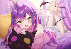 :d alternate_costume barbell_piercing bare_shoulders barefoot bibi_(tokoyami_towa) center-flap_bangs character_pillow colored_inner_hair commentary curtains demon_girl demon_tail double-parted_bangs ear_piercing earrings fang feet_up gradient_hair green_eyes green_nails hashtag-only_commentary heart heart-shaped_pillow hololive indoors industrial_piercing jewelry long_hair looking_at_viewer lying miniskirt multicolored_hair multicolored_nails nail_polish nametakeko off-shoulder_sweater off_shoulder on_back on_bed on_stomach open_mouth piercing pillow pink_hair pink_sweater pleated_skirt pointy_ears purple_hair purple_nails skirt sleeves_past_wrists smile soles spiked_ear_piercing sweater tail tail_ornament tail_piercing the_pose toes tokoyami_towa virtual_youtuber white_skirt window