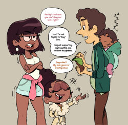 1boy 3girls absurdres brown_hair brown_pants closed_eyes crossed_arms dark-skinned_female dark_skin denim denim_shorts english_text green_jacket grey_background highres jacket lily_bloud lola_bloud lori_bloud lynn_loud_sr mahmapuu multiple_girls open_clothes open_jacket open_mouth pants short_shorts shorts simple_background speech_bubble tank_top teeth the_bloud_house the_loud_house toon_(style) upper_teeth_only white_tank_top zzz