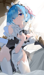 1girl absurdres bare_shoulders black_sleeves blue_eyes blue_hair blush breasts cleavage closed_mouth commentary_request detached_sleeves hair_ornament hair_over_one_eye hair_ribbon highres large_breasts looking_at_viewer maid pink_ribbon re:zero_kara_hajimeru_isekai_seikatsu rem_(re:zero) ribbon roswaal_mansion_maid_uniform short_hair smile solo sunlight thighhighs thighs wako_(1194433260) white_thighhighs x_hair_ornament
