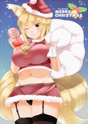 1girl animal_ears bad_id bad_pixiv_id black_panties black_thighhighs blonde_hair breasts brown_eyes christmas covered_erect_nipples female_focus fox_ears fox_tail garter_straps grin groin hat large_breasts multiple_tails navel one_eye_closed over_shoulder panties pantyshot sack santa_costume santa_hat short_hair smile solo tail taniyamakisyou tenga thighhighs touhou underwear wink yakumo_ran
