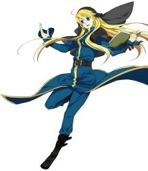 1girl :d belt black_boots blonde_hair blue_eyes blue_pants book boots full_body goeniko holding holding_book kuroshiba long_hair long_sleeves m.u.g.e.n open_mouth pants simple_background smile solo white_background