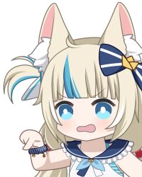 Rule 34 | 1girl, ahoge, animal ear fluff, animal ears, blonde hair, blue bow, blue eyes, blue hair, blue sailor collar, bow, bright pupils, cat ears, chibi, hair bow, indie virtual youtuber, long hair, multicolored hair, open mouth, pointing, sailor collar, sameko saba, solo, streaked hair, upper body, virtual youtuber, white pupils, zephylyne