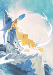 1girl aesc_(fate) aesc_(rain_witch)_(fate) artist_request blonde_hair blue_eyes commission fate/grand_order fate_(series) hair_between_eyes hat highres long_hair second-party_source sitting smile solo very_long_hair witch_hat