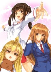 3girls ahoge amasaki_(amakasa_r) bad_id bad_pixiv_id blonde_hair brown_eyes brown_hair kikai-zaru long_hair minami-ke minami_chiaki minami_haruka minami_kana multiple_girls siblings sisters twintails