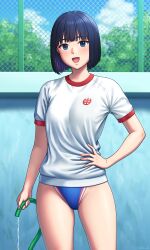 1girl black_hair blue_eyes blue_one-piece_swimsuit blue_sky bob_cut chain-link_fence cloud commentary_request competition_swimsuit day empty_pool fence gym_shirt hand_on_own_hip highleg highleg_one-piece_swimsuit highres hose one-piece_swimsuit original outdoors pool shirt short_hair sky smile solo swimsuit swimsuit_under_clothes t-shirt white_shirt yurashima