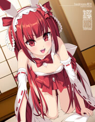 Rule 34 | 1girl, all fours, animal ears, bare shoulders, beatmania (series), beatmania iidx, bemani, blunt bangs, blush, bow, bowtie, breasts, cleavage, commentary request, fake animal ears, hair ornament, indoors, kinoshita ichi, long hair, looking at viewer, open mouth, rabbit ears, rabbit hair ornament, red bow, red bowtie, red eyes, red hair, ribbon, small breasts, smile, solo, umegiri ameto