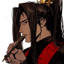 Rule 34 | 1boy, bad anatomy, bad hands, black eyes, black hair, black hanfu, chinese clothes, curtained hair, from side, hair ornament, hand up, hanfu, high ponytail, highres, holding, holding pen, jia qiu (project moon), limbus company, pen, ponytail, portrait, project moon, really mr pome, red scarf, scarf, simple background, solo, white background