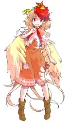 1girl alphes_(style) animal animal_on_head baby_animal bandages bird bird_tail blonde_hair blush boots brown_boots chick commentary_request dairi defeat dress feathered_wings full_body hand_up highres looking_at_viewer multicolored_hair neckerchief niwatari_kutaka on_head open_mouth orange_dress parody puffy_short_sleeves puffy_sleeves red_eyes red_hair red_neckerchief scrape shirt short_hair short_sleeves solo standing straight-on style_parody tachi-e tail tears torn_clothes torn_dress torn_shirt touhou transparent_background two-tone_hair white_shirt wings