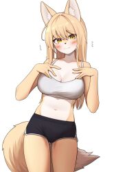 1girl animal_ears black_shorts blonde_hair blush breasts closed_mouth crop_top fox_ears fox_tail furry furry_female highres jeifier_(character) jeifier_(korfiorano01) large_breasts long_hair midriff navel original shorts solo stomach tail tank_top tears white_background yellow_eyes yellow_tail