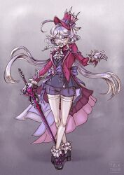 Rule 34 | 1girl, absurdres, ahoge, commission, full body, furina (genshin impact), genshin impact, gloves, heterochromia, highres, holding, holding sword, holding weapon, jacket, long hair, looking at viewer, open mouth, pink eyes, pink jacket, purple eyes, purple shorts, second-party source, shirt, shorts, slaanesh, smile, snake, socks, solo, standing, sword, trueteashoe, very long hair, warhammer 40k, weapon, white gloves, white shirt, white socks