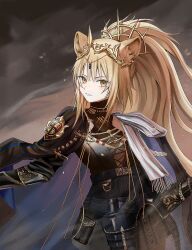 1girl animal_ears arknights belt black_belt black_cape black_shirt black_skirt blonde_hair cape closed_mouth cropped_legs emblem highres lion_ears lion_girl long_hair long_sleeves looking_at_viewer ponytail scarf shirt siege_(arknights) skirt solo standing vina_victoria_(arknights) white_scarf yuanyuan_(jiujie560)