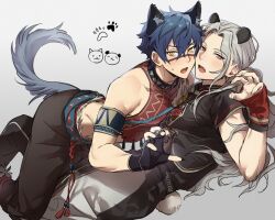 Rule 34 | 2boys, absurdres, animal ears, armband, beast survival (ensemble stars!), bishounen, black nails, brown pants, chinese clothes, claw pose, commentary request, crop top, cropped shirt, ensemble stars!, fang, feet out of frame, fingernails, grey background, grey hair, hand up, highres, hyena boy, hyena ears, hyena tail, jiz (pffbq), kemonomimi mode, long hair, looking at viewer, low ponytail, lying, male focus, multiple boys, on back, open mouth, panda boy, panda ears, panda tail, pants, pectoral press, ponytail, ran nagisa, red eyes, red shirt, sazanami jun, sharp fingernails, shirt, short sleeves, simple background, sleeveless, sweet sweet hunger (ensemble stars!), yellow eyes