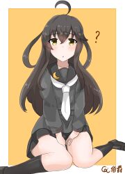 Rule 34 | 1girl, ?, absurdres, ahoge, artist name, black hair, black sailor collar, black shirt, black skirt, black socks, coic hakushaku, full body, hands on own thighs, highres, kantai collection, long hair, mikazuki (kancolle), neckerchief, orange background, pleated skirt, sailor collar, shirt, skirt, socks, solo, white neckerchief, yellow eyes