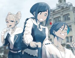 Rule 34 | 1boy, 2girls, blue eyes, blue hair, blue jumpsuit, blue sky, building, collared shirt, cone hair bun, constricted pupils, day, diagonal bangs, double bun, finger to cheek, frilled shirt, frilled sleeves, frills, fukurai azami, gloves, hair bun, highres, jasmine (toshi densetsu kaitai center), jumpsuit, limited palette, long sleeves, looking at another, looking back, meguriya ayumu, multiple girls, ocha otome, open mouth, outdoors, partially fingerless gloves, pushing wheelchair, shirt, short hair, sky, smile, standing, tears, toshi densetsu kaitai center, upper body, wheelchair, white gloves, white shirt, window