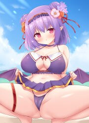 1girl absurdres beach blue_sky breasts cameltoe cleavage clothes_lift demon_girl demon_wings double_bun flower hair_bun hair_flower hair_ornament highres iris_mysteria! large_breasts looking_at_viewer miniskirt navel pointy_ears purple_hair raised_inner_eyebrows red_eyes skirt skirt_lift sky swimsuit thighs valeria_ristie_de_serbanescu vampire wings yuu_(yumezakura)