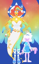 2girls @ohnoitspheo angel angel_wings breasts child divine_entity extra_arms halo highres kino_amos_(@ohnoitspheo) large_breasts mature_female mother_and_daughter multicolored_hair multiple_girls nj_prisma(@ohnoitspheo) orange_hair original rainbow_skin red_hair sun_print thick_lips wings