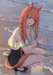 1girl alternate_costume animal_ears aqua_eyes bare_shoulders black_shoes black_skirt braid emyo high_heels highres horse_ears horse_girl jewelry long_hair looking_at_viewer necklace open_mouth orange_hair outdoors shoes silence_suzuka_(umamusume) skirt smile squatting umamusume
