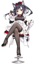 1girl animal_ears animal_hands azur_lane black_garter_straps black_hair black_shoes box breasts brown_thighhighs chocolate_making crossed_legs dress garter_straps gift high_heels highres lace lace-trimmed_legwear lace_trim long_hair looking_at_viewer official_alternate_costume official_art red_eyes saru shigure_(azur_lane) shigure_(lucky_chocolate)_(azur_lane) shoes simple_background sitting small_breasts solo thighhighs transparent_background white_dress