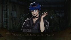 Rule 34 | 1boy, anaizzzen, black hair, blue eyes, blue hair, bridge piercing, collar, collarbone, commentary, crossover, ear piercing, earrings, english commentary, english text, eyebrow piercing, eyepatch, face piercing, fingernails, hand up, highres, indoors, japanese clothes, jewelry, lip piercing, looking at viewer, male focus, messy hair, multicolored hair, omokage yugamu, one eye covered, open mouth, piercing, shiin (spirit hunter), skeleton, solo, solo focus, teeth, the hundred line -last defense academy-, upper teeth only, user interface