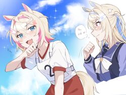 2girls alonekm alternate_animal_ears alternate_tail animal_ears bandaid bandaid_hair_ornament blonde_hair blue_eyes blue_hair blue_hairband blue_sky blush bow bowtie buruma closed_mouth commentary crossed_bangs day english_text fang fuwawa_abyssgard gym_uniform hair_between_eyes hair_intakes hair_ornament hairband highres hololive hololive_english horse_ears horse_girl horse_tail horseshoe_ornament long_hair long_sleeves looking_at_another mococo_abyssgard multicolored_hair multiple_girls open_mouth outdoors pink_eyes pink_hair pink_hairband race_bib red_buruma school_uniform shirt short_hair skin_fang sky smile streaked_hair symbol-only_commentary tail tracen_school_uniform tracen_training_uniform two_side_up umamusume upper_body virtual_youtuber white_bow white_bowtie white_shirt winter_uniform x_hair_ornament