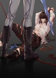 2boys bdsm blindfold blood blood_drip bondage bound bound_wrists cykuromi genshin_impact multiple_boys red_rope rope shibari tartaglia_(genshin_impact) twitter yaoi zhongli_(genshin_impact)