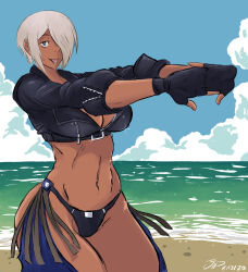 1girl angel_(kof) ass beach blue_eyes breasts cleavage curvy dark-skinned_female dark_skin female_focus fingerless_gloves gloves hair_over_one_eye huge_ass jacket large_breasts leather leather_gloves leather_jacket one_eye_covered outdoors panties short_hair sky smile standing tan the_king_of_fighters thick_thighs thighs tongue tongue_out underwear videajames water white_hair wide_hips