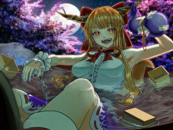 1girl alcohol armpits blunt_bangs blush bow bowtie breasts bright_pupils brown_horns buttons center_frills chain cherry_blossoms commentary_request drunk feet_out_of_frame flower frills full_moon gourd hair_bow highres horn_bow horn_ornament horns ibuki_suika long_hair looking_at_viewer masu medium_breasts moon open_mouth orange_eyes orange_hair pink_flower purple_bow purple_skirt raised_eyebrow red_bow red_bowtie ribbon-trimmed_skirt ribbon_trim sake sakurada_yukimi shirt sidelocks skirt sleeveless sleeveless_shirt smile solo teeth tongue touhou tree very_long_hair water white_pupils white_shirt wrist_cuffs
