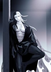 1boy abs alternate_hairstyle ashiya_douman_(fate) ayamatazu bad_id bad_pixiv_id curly_hair evil_smile fate/grand_order fate_(series) fingernails foot_out_of_frame greyscale japanese_clothes kimono knee_up large_hands large_pectorals leaning_to_the_side long_hair looking_at_viewer male_focus monochrome multicolored_hair muscular muscular_male navel official_alternate_costume open_clothes open_kimono pectoral_cleavage pectorals sharp_fingernails smile solo standing thighs two-tone_hair very_long_fingernails very_long_hair