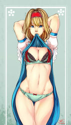 1girl 2015 alice_margatroid arms_behind_head arms_up blonde_hair blue_dress blue_eyes bow bow_panties bra breasts cleavage clothes_lift cowboy_shot dated dress dress_lift female_focus frilled_bra frills green_bra green_panties groin hairband highres lace lace-trimmed_bra lace_trim lifting_own_clothes lingerie lolita_hairband looking_at_viewer medium_breasts mouth_hold navel panties pink_lips puffy_short_sleeves puffy_sleeves red_bow short_hair short_sleeves signature solo standing stomach sushoartworks thigh_gap thighs touhou underwear
