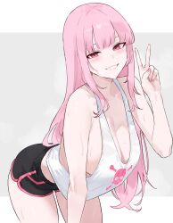 1girl absurdres alternate_costume bare_arms black_shorts bluefield blunt_bangs breasts cleavage commentary dolphin_shorts english_commentary grey_background grin hand_up highres hololive hololive_english large_breasts leaning_forward long_hair looking_at_viewer mori_calliope nail_polish no_bra pink_eyes pink_hair pink_nails print_tank_top short_shorts shorts simple_background skull_print smile solo straight_hair sweat tank_top v virtual_youtuber white_background white_tank_top