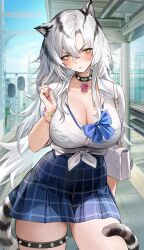 1girl absurdres animal_ear_fluff animal_ears arknights bag bead_bracelet beads black_choker blue_skirt blush bra bra_visible_through_clothes bracelet breasts choker cleavage closed_mouth commission grey_hair gyaru hair_between_eyes highres holding holding_bag indra_(arknights) jewelry large_breasts long_hair looking_to_the_side multiple_bracelets murabana44 pink_nails pixiv_commission plaid_clothes plaid_skirt shirt sidelocks skirt solo tail thigh_strap thighs tiger_ears tiger_girl tiger_tail underwear white_bag white_bra white_shirt yellow_eyes