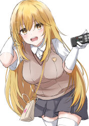 1girl black_skirt blonde_hair breasts brown_bag brown_sweater_vest collared_shirt commentary_request controller gloves hand_in_own_hair highres holding holding_remote_control large_breasts long_hair looking_at_viewer open_mouth partial_commentary pleated_skirt remote_control school_uniform shirt shokuhou_misaki simple_background skirt solo sparkling_eyes summer_uniform sweater_vest tan_(kiriya0752) teeth thighhighs toaru_kagaku_no_railgun toaru_majutsu_no_index tokiwadai_school_uniform white_background white_gloves white_shirt white_thighhighs yellow_eyes zettai_ryouiki
