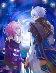 Rule 34 | 1boy, 1girl, absurdres, armor, arms behind back, black gloves, blue eyes, coat, commentary request, cyrene (honkai: star rail), dress, from behind, gloves, go (roku), highres, honkai: star rail, honkai (series), looking at viewer, looking back, multicolored hair, pauldrons, phainon (honkai: star rail), pink hair, purple coat, short hair, shoulder armor, single pauldron, smile, two-tone hair, white coat, white dress, white hair