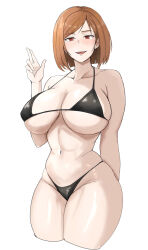 1girl absurdres arm_behind_back bare_shoulders bikini black_bikini blush breasts brown_hair cleavage collarbone commentary_request cowboy_shot curvy highres jujutsu_kaisen kugisaki_nobara large_breasts looking_at_viewer micro_bikini miya_nns35 navel open_mouth red_eyes short_hair simple_background smile solo stomach swimsuit teeth thick_thighs thighs upper_teeth_only white_background