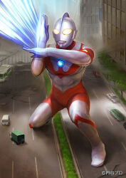 abs alien building car city day energy energy_beam giant glowing glowing_eyes grass iwao_ryuuji kneeling motor_vehicle muscular muscular_male no_pupils official_art particle_beam skyscraper spacium_beam superhero_costume tree tsuburaya_productions ultra_series ultraman ultraman_(1st_series) ultraman_fusion_fight! window yellow_eyes