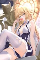 1girl absurdres angel_wings blonde_hair blue_dress braid breasts cleavage dress eating fate/grand_order fate_(series) feathered_wings food halo highres jeanne_d&#039;arc_(fate) large_breasts long_hair looking_at_viewer low_twin_braids macaron metatron_jeanne_(fate) metatron_jeanne_(first_ascension)_(fate) noa_(skae3323) shirt sitting sleeveless sleeveless_shirt solo thighhighs thighs throne twin_braids very_long_hair white_shirt white_thighhighs wings yellow_eyes
