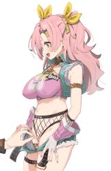 1girl 1other absurdres armpit_crease belt black_belt bow breasts colored_pubic_hair cutoffs female_pubic_hair fur_trim green_eyes green_shorts green_vest hair_ornament hair_ribbon hairclip highres large_breasts long_hair maza_kisuke micro_shorts midriff mole mole_on_thigh mole_under_eye navel nicole_demara no_bra open_clothes open_mouth open_shorts pink_hair pubic_hair pubic_hair_peek ribbon shorts sidelocks simple_background strapless sweatdrop tube_top vest white_background zenless_zone_zero