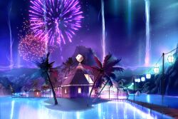 aerial_fireworks artist_request bridge dice fireworks highres house in-universe_location lake lantern mountainous_horizon night night_sky no_humans official_art palm_tree paper_lantern ragnarok_online scenery sky star_(sky) starry_sky tree water