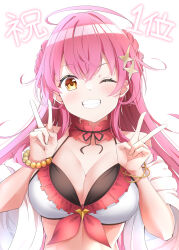 1girl absurdres ahoge bikini blush bracelet breasts double_v hair_ornament highres jewelry kakkou40 large_breasts one_eye_closed pink_hair smile swimsuit teeth twinkle_star_knights v venus_(twinkle_star_knights) white_background yellow_eyes