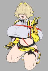 1girl absurdres ahoge baggy_clothes blonde_hair blush breasts elegg_(nikke) fang gloves goddess_of_victory:_nikke grey_background hair_intakes hair_over_eyes highres large_breasts long_bangs long_sleeves multicolored_hair navel novura open_mouth short_hair shorts simple_background sketch smile solo thigh_strap thighs two-tone_hair