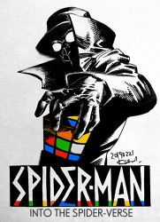 1boy coat copyright_name dated fedora goggles hat kotteri male_focus marvel rubik&#039;s_cube solo spider-man:_into_the_spider-verse spider-man_(series) spider-man_noir spider-verse spot_color traditional_media trench_coat