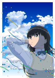 1girl :o absurdres amagami arms_behind_head ayatsuji_tsukasa black_eyes black_hair blue_bow blue_bowtie blunt_bangs border bow bowtie commentary day hand_up highres kibito_high_school_uniform kimchi_gyuudon long_hair long_sleeves looking_up outside_border school_uniform sky solo sweater_vest upper_body white_border yellow_sweater_vest