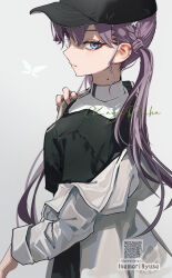 1girl artist_name baseball_cap black_hat black_skirt blue_eyes butterfly_hair_ornament ear_piercing gakuen_idolmaster gokugetsu_academy_school_uniform grey_background hair_ornament hat highres idolmaster inaeda_kei jacket kaya_rinha long_hair long_sleeves looking_at_viewer mole mole_on_neck off_shoulder open_clothes open_jacket piercing purple_hair qr_code school_uniform shirt simple_background skirt solo twintails