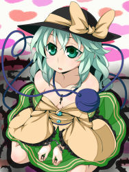 1girl bad_id bad_pixiv_id body_blush breasts collarbone cuffs female_focus frills handcuffs hat heart komeiji_koishi lips mole plant shirt_slip short_hair sitting skirt small_breasts solo touhou tsumidango vines wide-eyed wide_sleeves