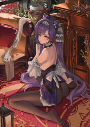 1girl absurdres arm_garter ass backless_dress backless_outfit bare_back bare_shoulders black_panties black_pantyhose bonsai carpet cone_hair_bun couch detached_sleeves double_bun dress feet frilled_dress frilled_garter frilled_hairband frilled_sleeves frills genshin_impact hair_bun hairband hand_on_own_foot hand_up highres indoors keqing_(genshin_impact) legs long_hair looking_to_the_side maid nineye no_shoes panties panties_under_pantyhose pantyhose petals plant potted_plant purple_dress purple_eyes purple_hair sitting soles solo thighs toes twintails underwear very_long_hair wariza white_hairband