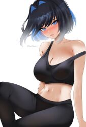 1girl absurdres black_hair black_pants black_tank_top blue_hair blush breasts cleavage colored_inner_hair commentary crop_top english_commentary helldeer highres hololive hololive_english large_breasts looking_at_viewer multicolored_hair navel nose_blush ouro_kronii pants simple_background solo tank_top twitter_username virtual_youtuber white_background yoga_pants