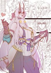 1girl armor breasts eyelashes fate/grand_order fate_(series) glasses gloves grey_hair hair_between_eyes hakama hakama_pants highres huge_breasts japanese_armor japanese_clothes jun_wu_mo katana large_breasts legs long_hair looking_at_viewer open_mouth pants red-framed_eyewear red_eyes shimousa_(fate/grand_order) solo sword thick_thighs thighs tomoe_gozen_(fate) very_long_hair weapon white_hair